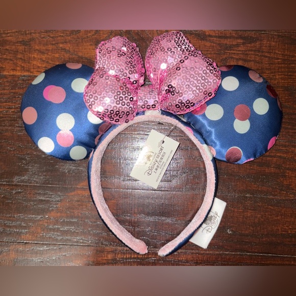 Disney Pink Sequin Bow Polka Dot Mouse Ear Headband - Picture 2 of 4